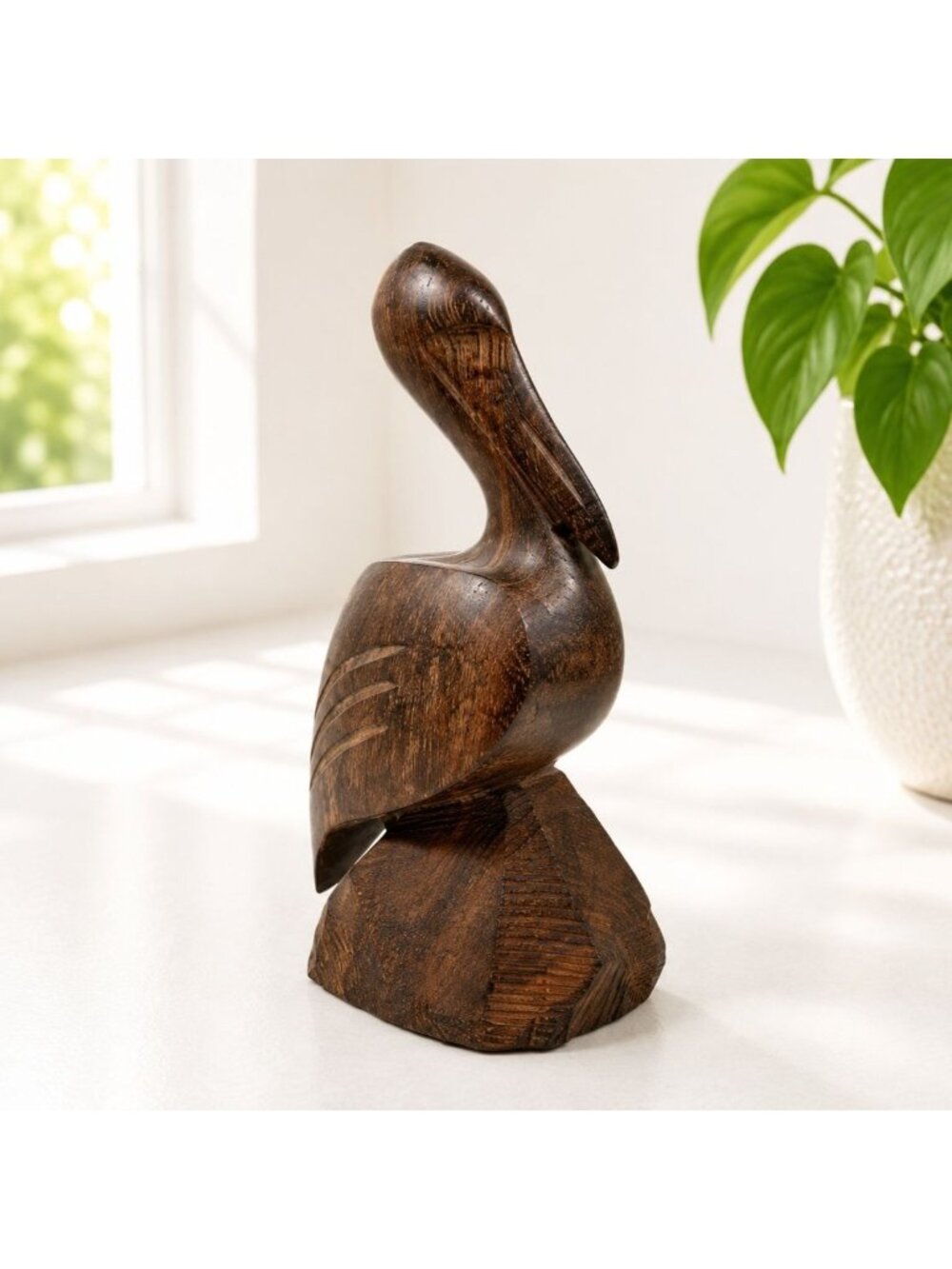Hand-Carved Ironwood Pelican Figurine 7" Tall Rustic Coastal Decorative Sculptur